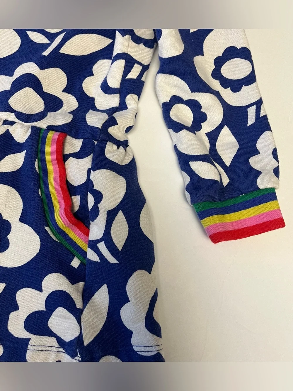 Mini Boden Girls Dress 3-4Y Fit & Flare Blue White Floral Rainbow Trim